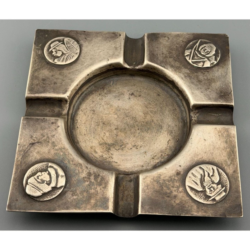 Vintage Peruvian Sterling Silver Ashtray Pre-Columbian Figural Portraits 97.2 g